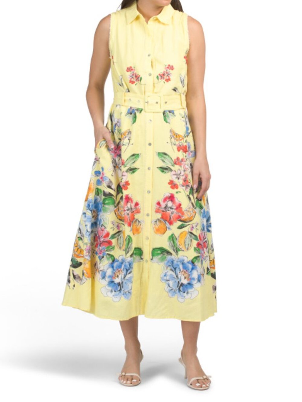 T TAHARI Linen Blend Sleeveless Button Down Midi Dress With Cuff Details
